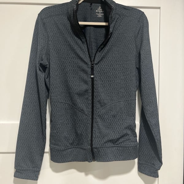 prAna Women's Grey Diamond Pattern Full Zip Mock Neck Jacket Size M