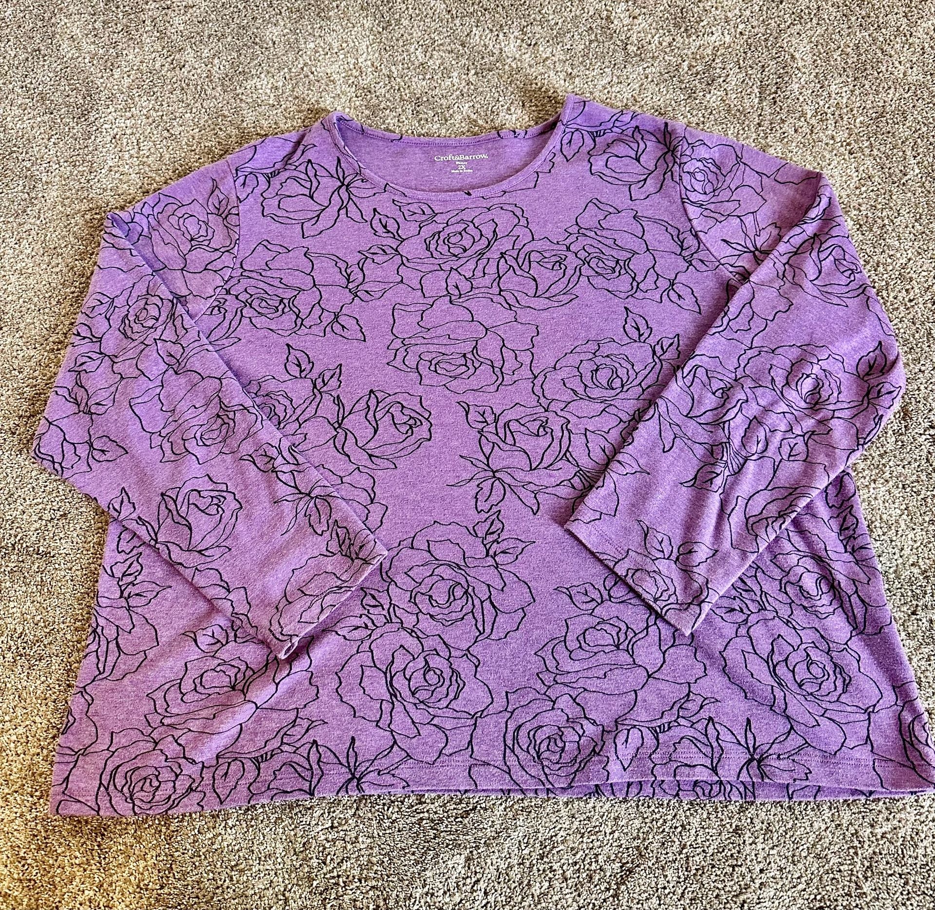 Croft & Barrow Women's 2X Purple Rose Outline Floral Long Sleeve Shirt 1