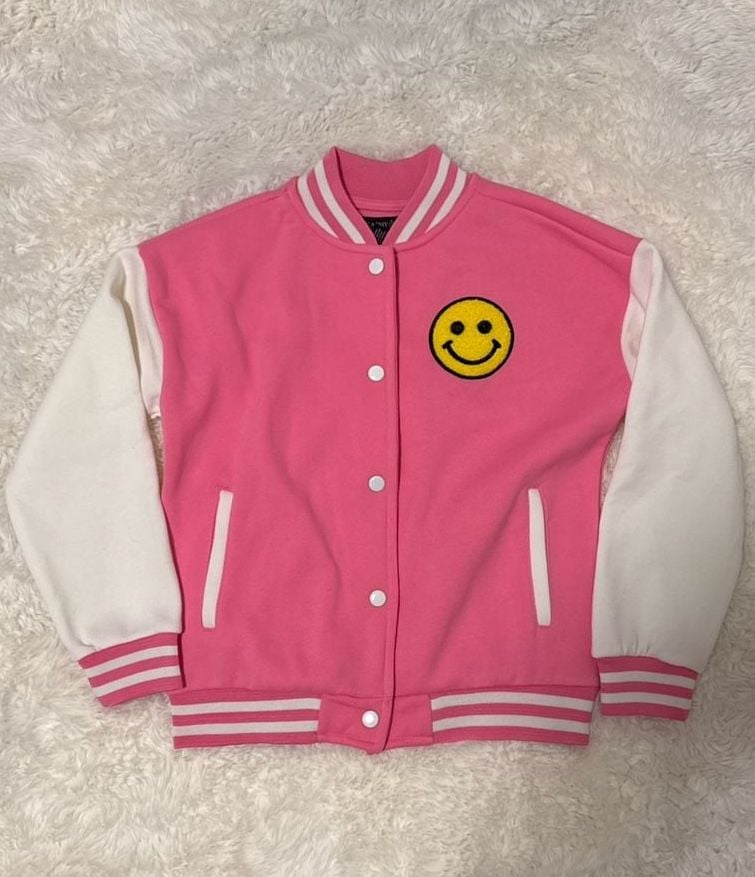 Peachy & Pink Girls Pink Smiley Face Varsity Jacket Size M (10/12) 2