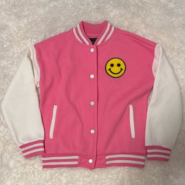Peachy & Pink Girls Pink Smiley Face Varsity Jacket Size M (10/12)
