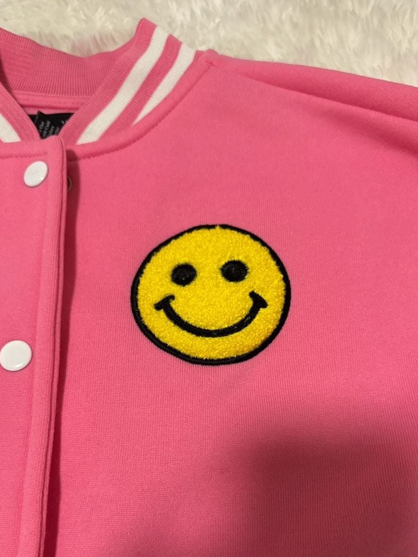 Peachy & Pink Girls Pink Smiley Face Varsity Jacket Size M (10/12) 3