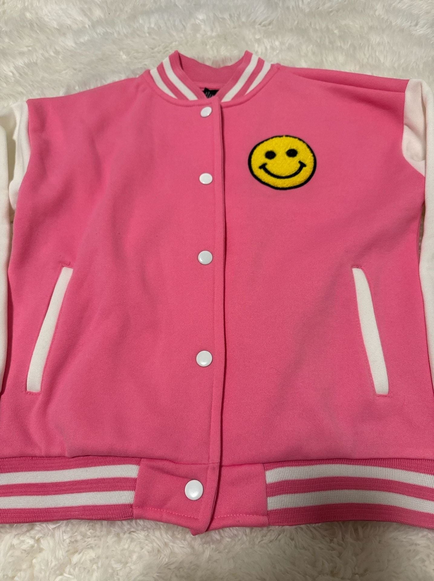 Peachy & Pink Girls Pink Smiley Face Varsity Jacket Size M (10/12) 4
