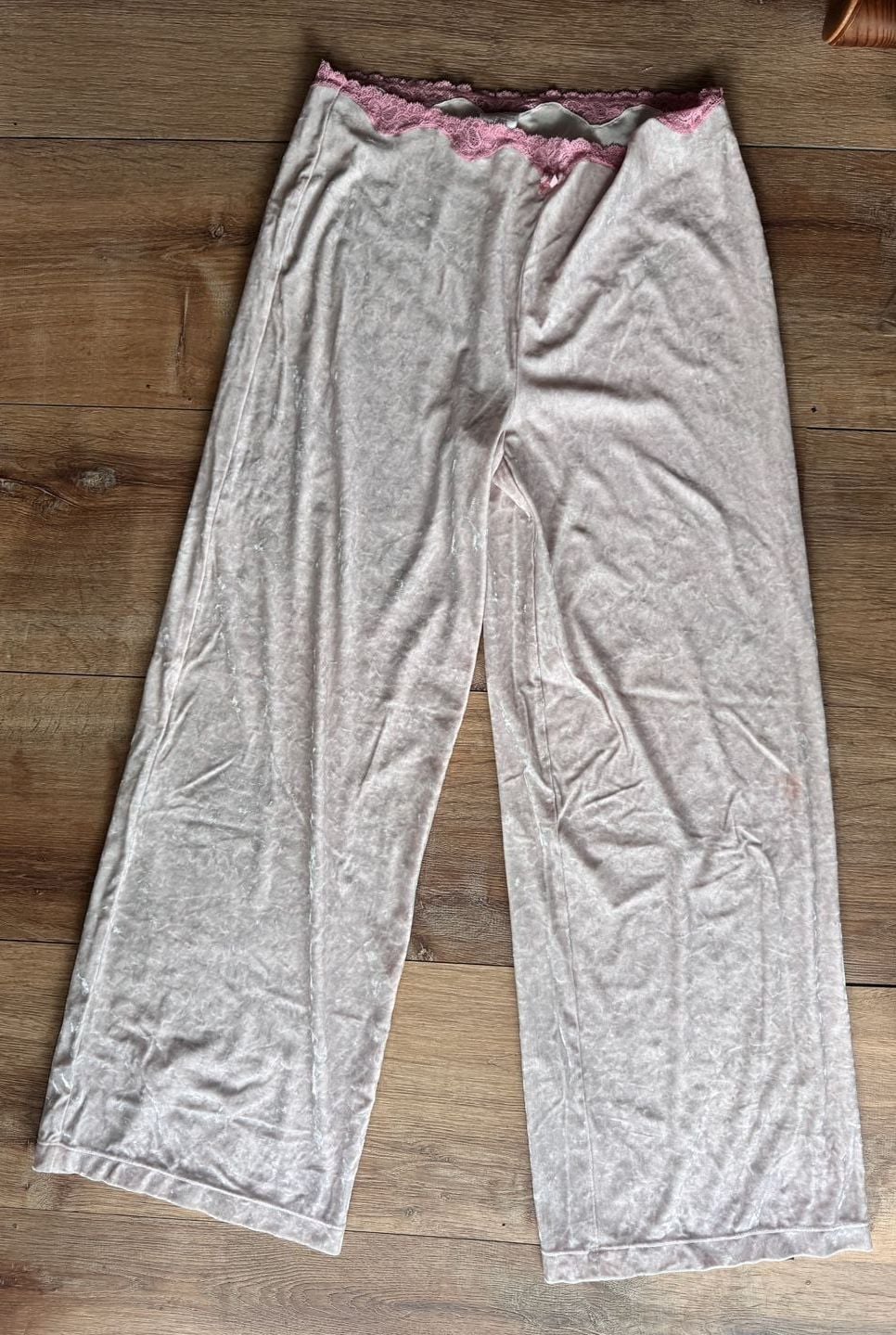 Victoria's Secret Angels Pink Crushed Velvet Lace Trim Wide Leg Pajama Pants y2K 1