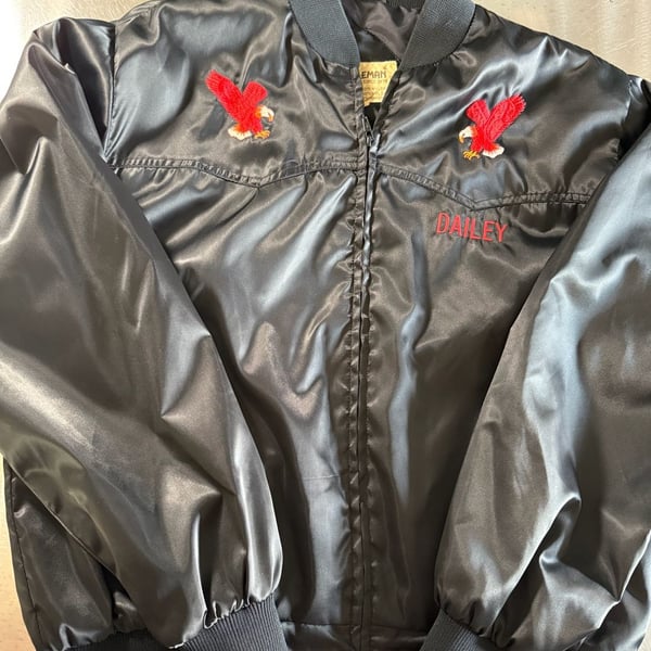 Vintage Ely Cattleman D Bar B Ranch Beaumont Texas Satin Bomber Jacket XL