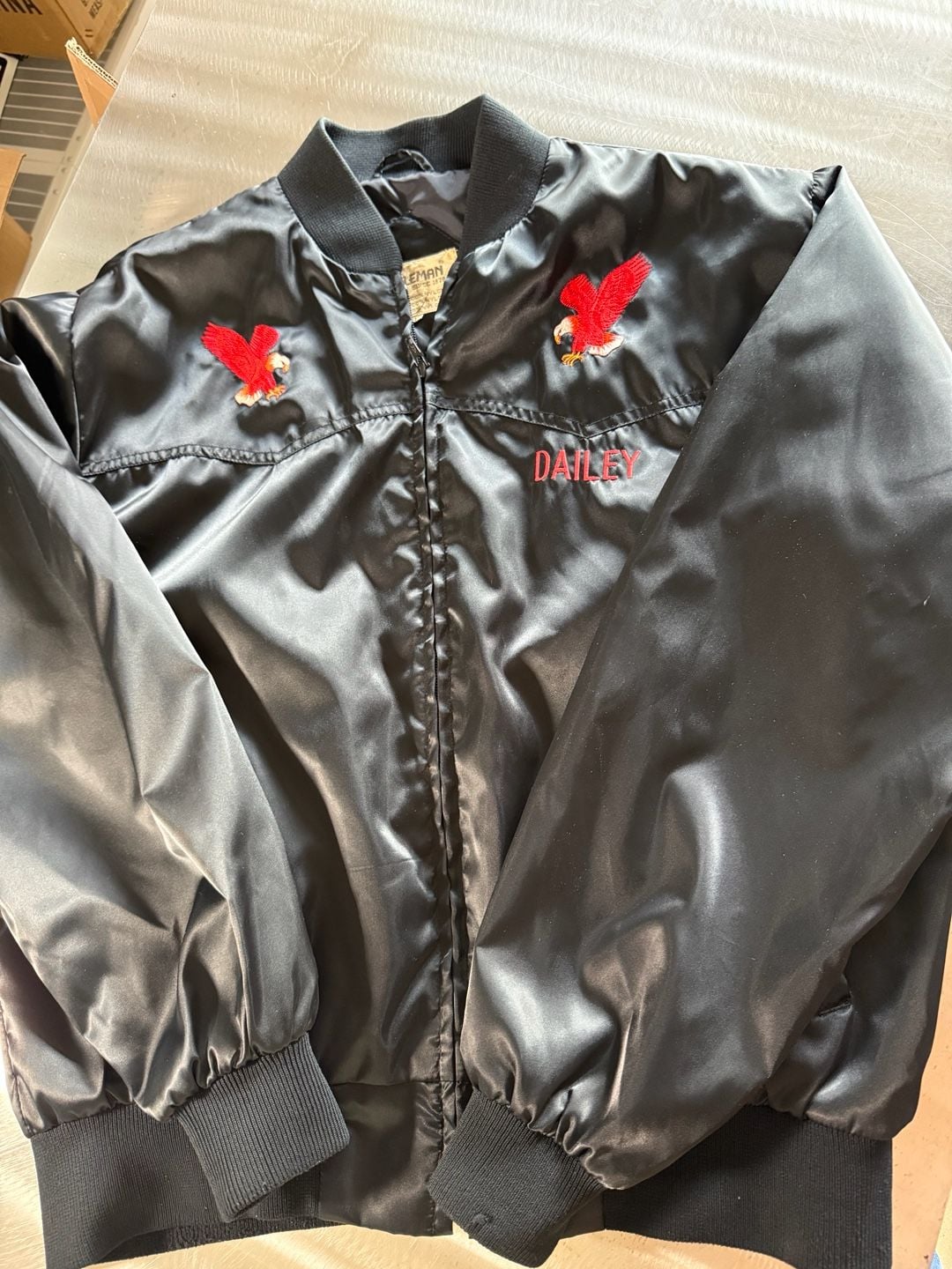 Vintage Ely Cattleman D Bar B Ranch Beaumont Texas Satin Bomber Jacket XL 3