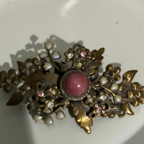 Vintage Miriam Haskell Style Flower Brooch with Faux Pearl and Pink Stone