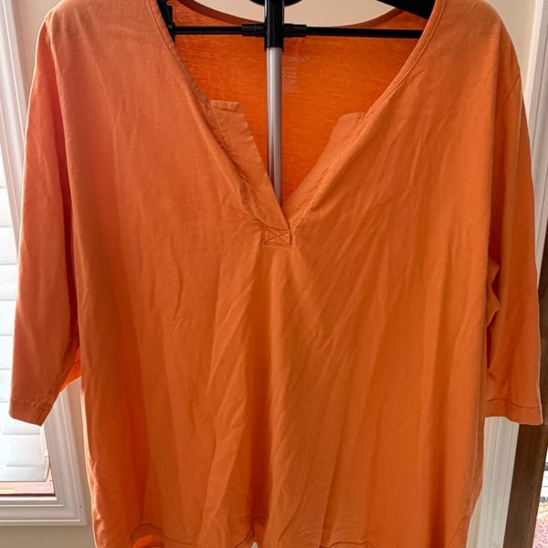 Ulla Popken Orange Relaxed Fit 3/4 Sleeve Split Neck Cotton Top Size 20/22