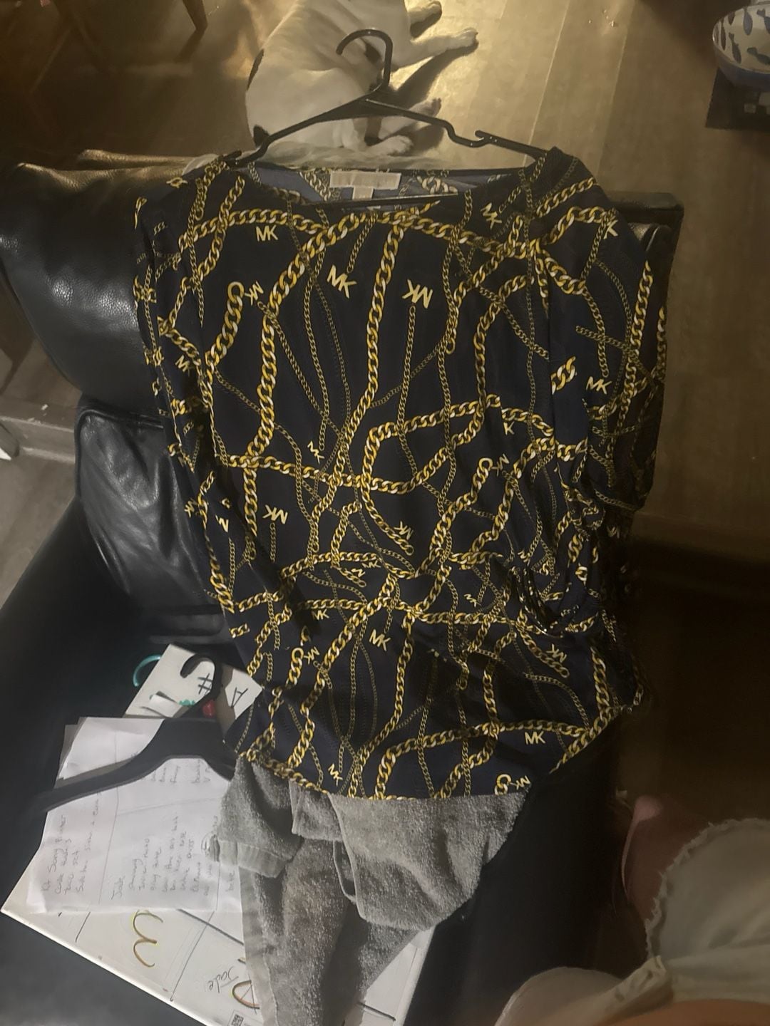 Michael Kors Navy Blue Gold Chain MK Logo Print Top 1