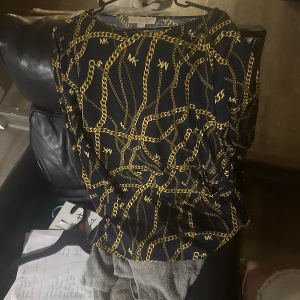 Michael Kors Navy Blue Gold Chain MK Logo Print Top
