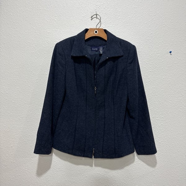 Hillard & Hanson Women's Size 12 Blue Herringbone Wool Blend Zip-Up Jacket