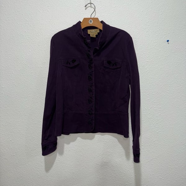 Peck & Peck Weekend Purple Floral Embroidered Button Front Jacket Size 12