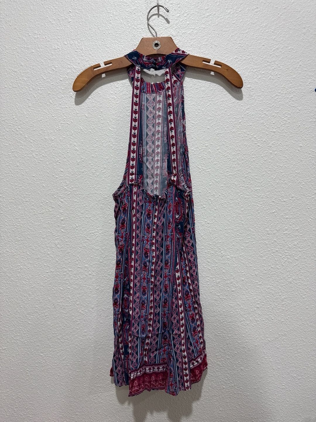 AQA Blue and Red Geometric Stripe Halter Neck Open Back Romper Dress Size Medium 2