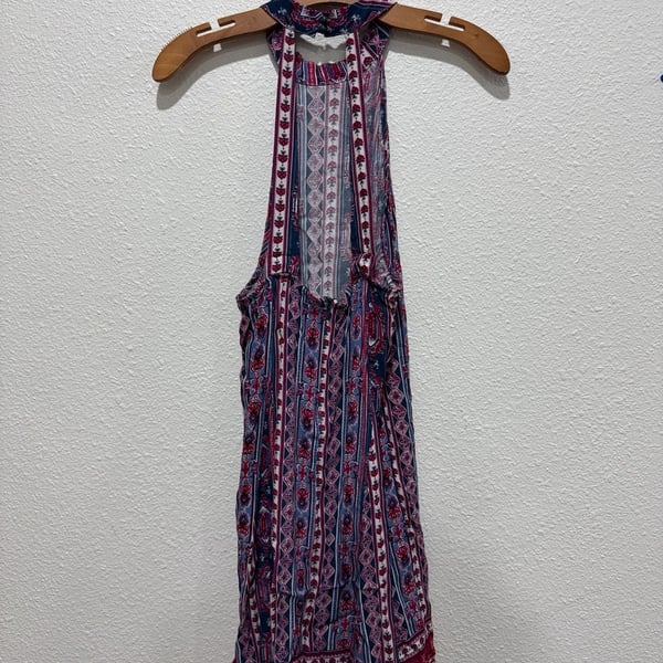 AQA Blue and Red Geometric Stripe Halter Neck Open Back Romper Dress Size Medium