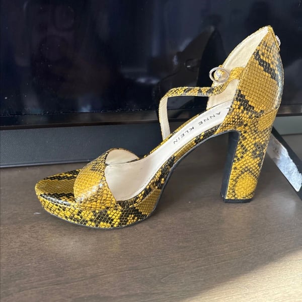 Anne Klein Yellow Snakeskin Print Platform Block Heel Sandals