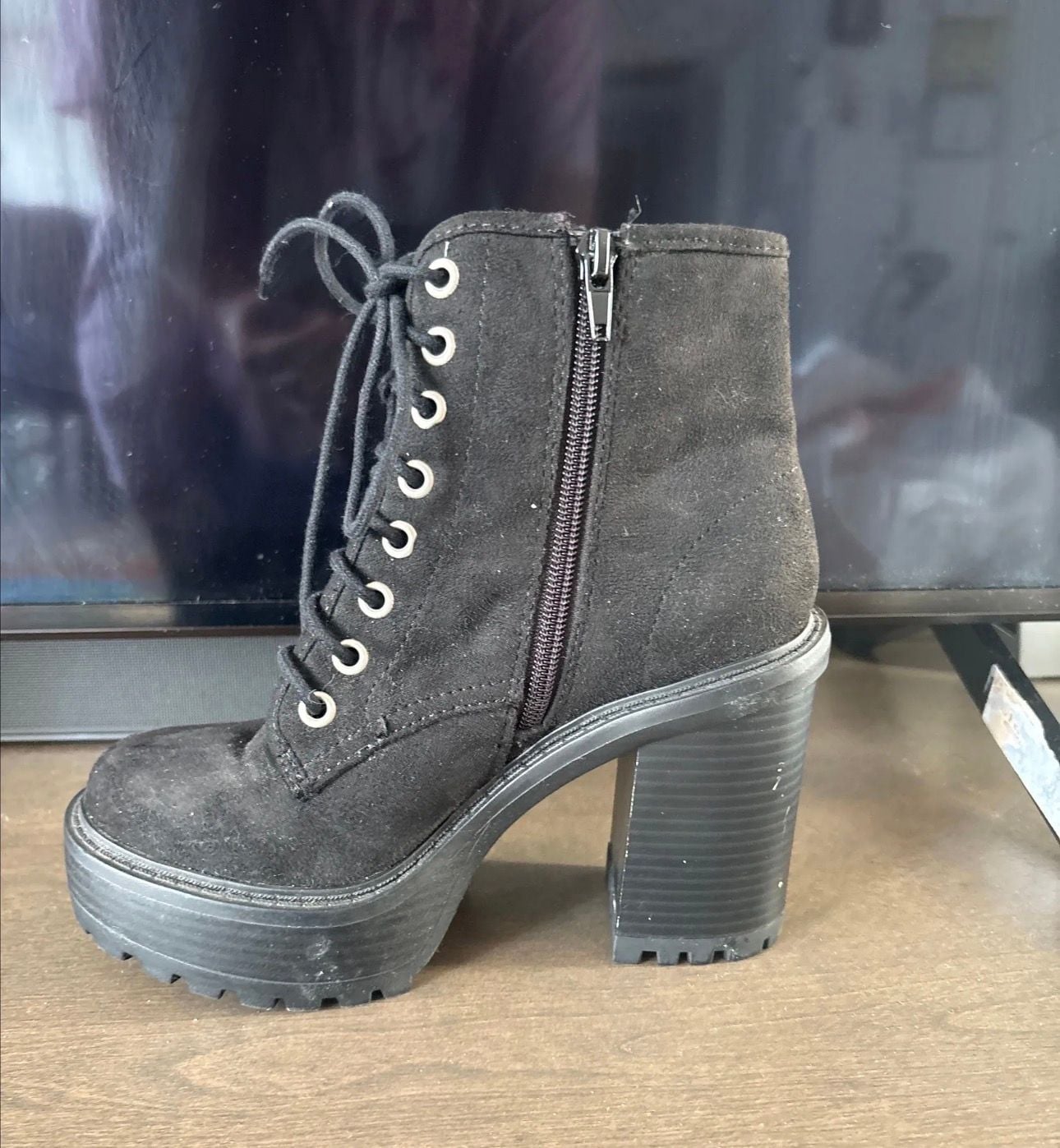 Black Faux Suede Platform Lace-Up Chunky Heel Ankle Boots 2