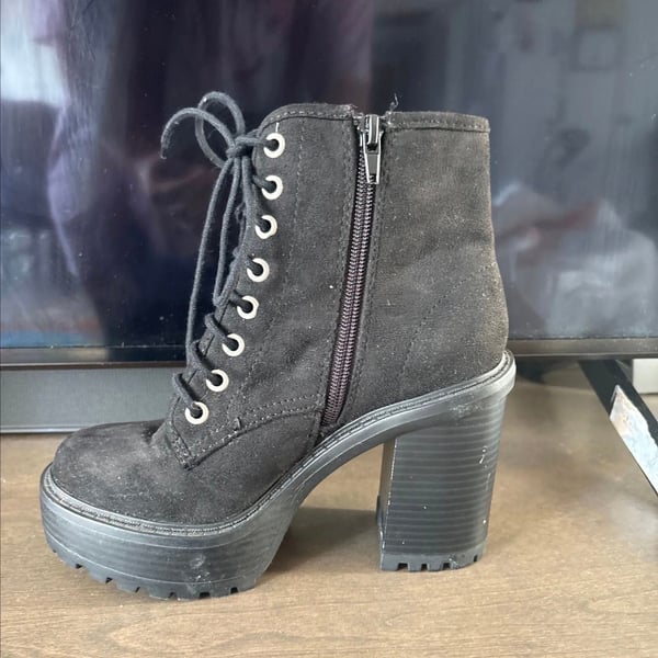 Black Faux Suede Platform Lace-Up Chunky Heel Ankle Boots