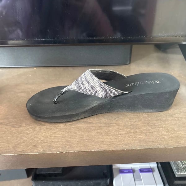 Olivia Miller Rhinestone Zebra Print Wedge Flip Flops