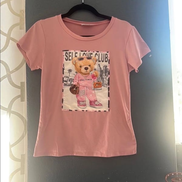 Pink Self Love Club Teddy Bear Graphic T-Shirt