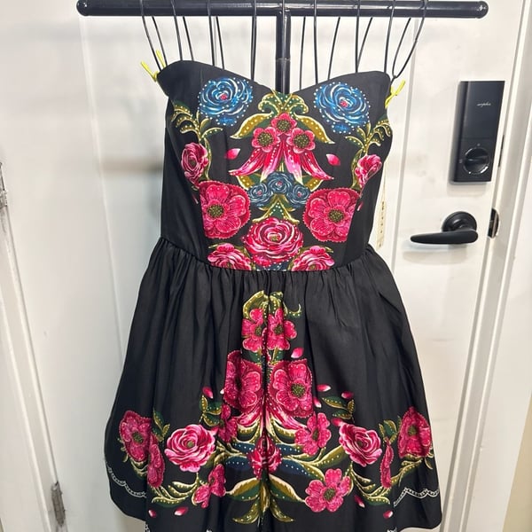 Forever 21 Strapless Floral Sweetheart Mini Dress Black Fuchsia Size L
