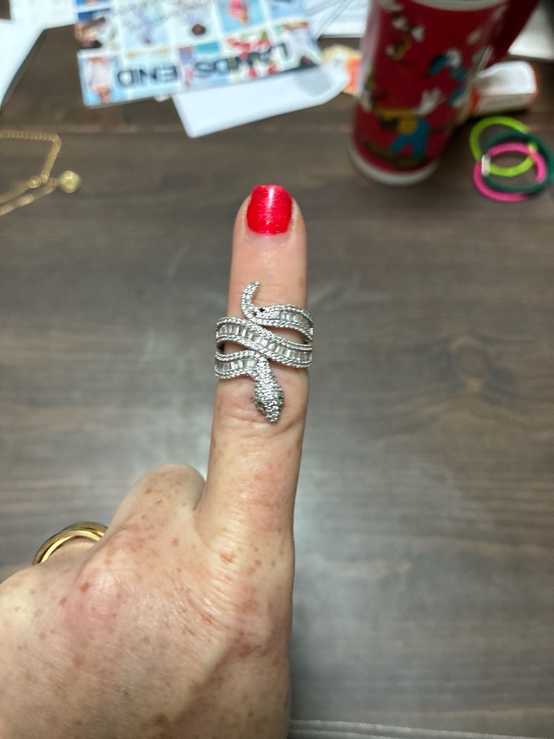 Sterling Silver Baguette & Round CZ Snake Wrap Ring with Green Eyes 2