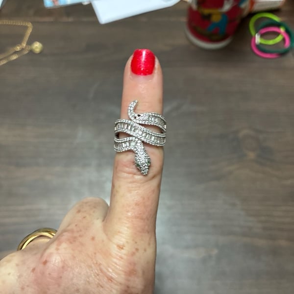 Sterling Silver Baguette & Round CZ Snake Wrap Ring with Green Eyes
