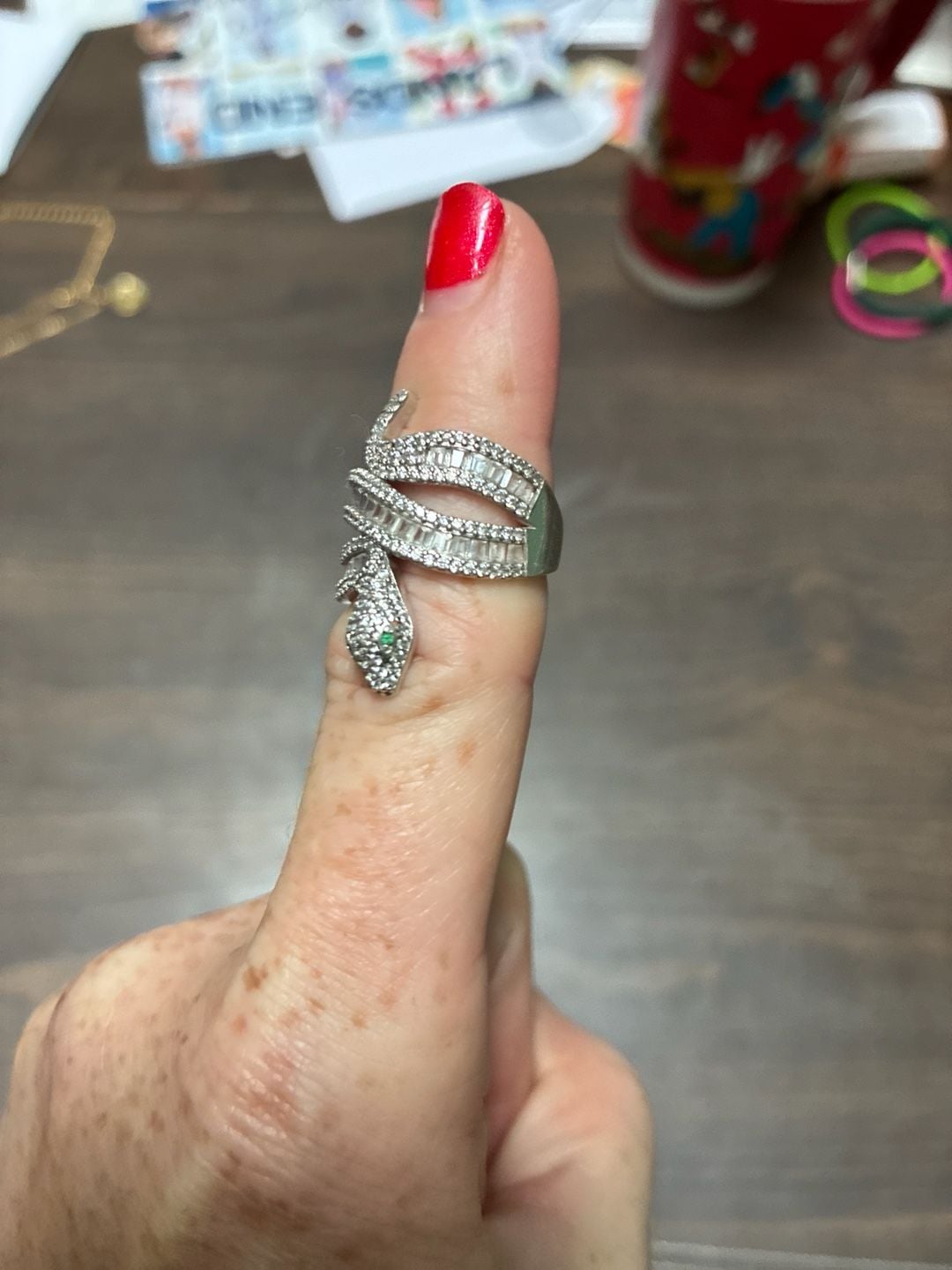 Sterling Silver Baguette & Round CZ Snake Wrap Ring with Green Eyes 3