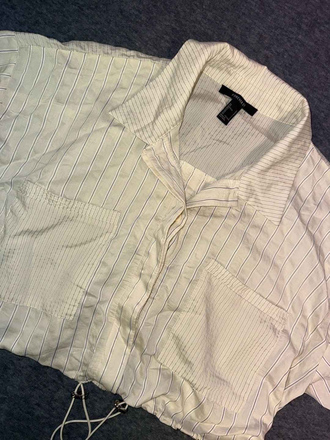 Forever 21 Striped Cropped Bungee Hem Button Down Shirt Size Large 2