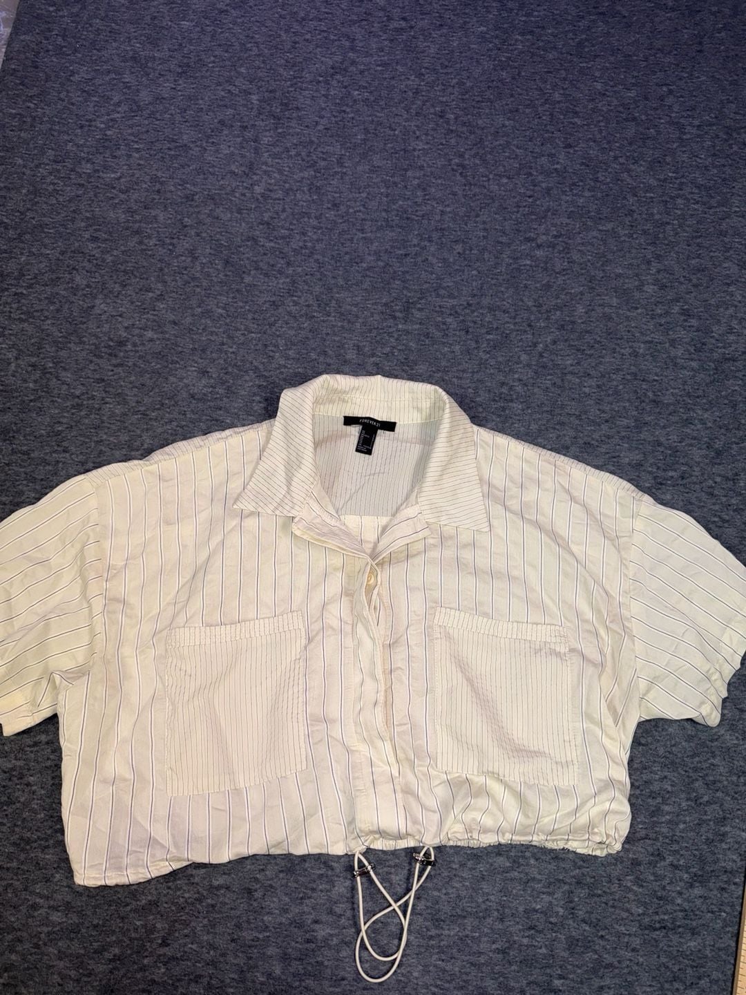 Forever 21 Striped Cropped Bungee Hem Button Down Shirt Size Large 3