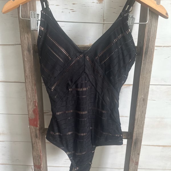 Kona Sol Black Textured Crochet V-Neck One Piece Swimsuit Size S