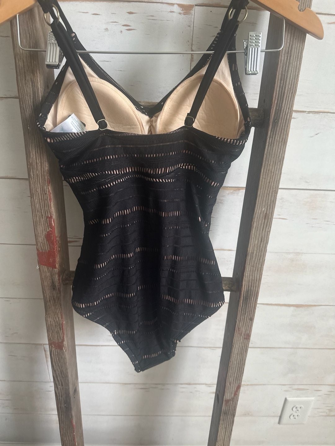 Kona Sol Black Textured Crochet V-Neck One Piece Swimsuit Size S 2
