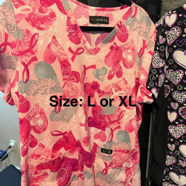 Koi Basics Pink Heart Ribbon Breast Cancer Awareness Scrub Top Size L/XL