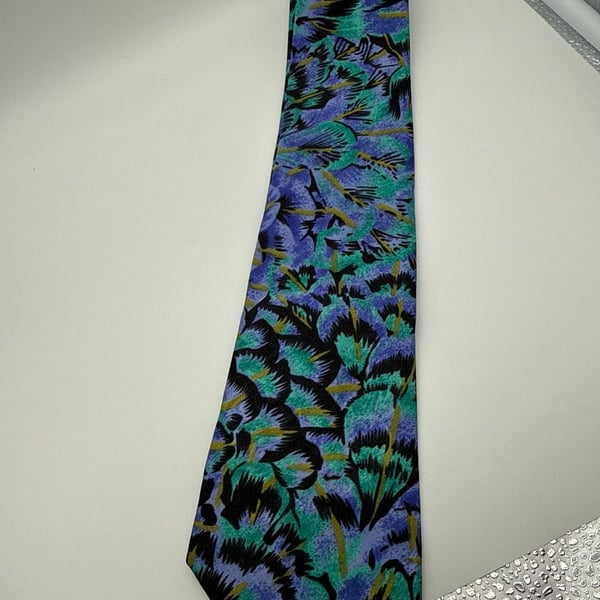 Etienne Caron Vintage Abstract Floral Silk Necktie Purple Green
