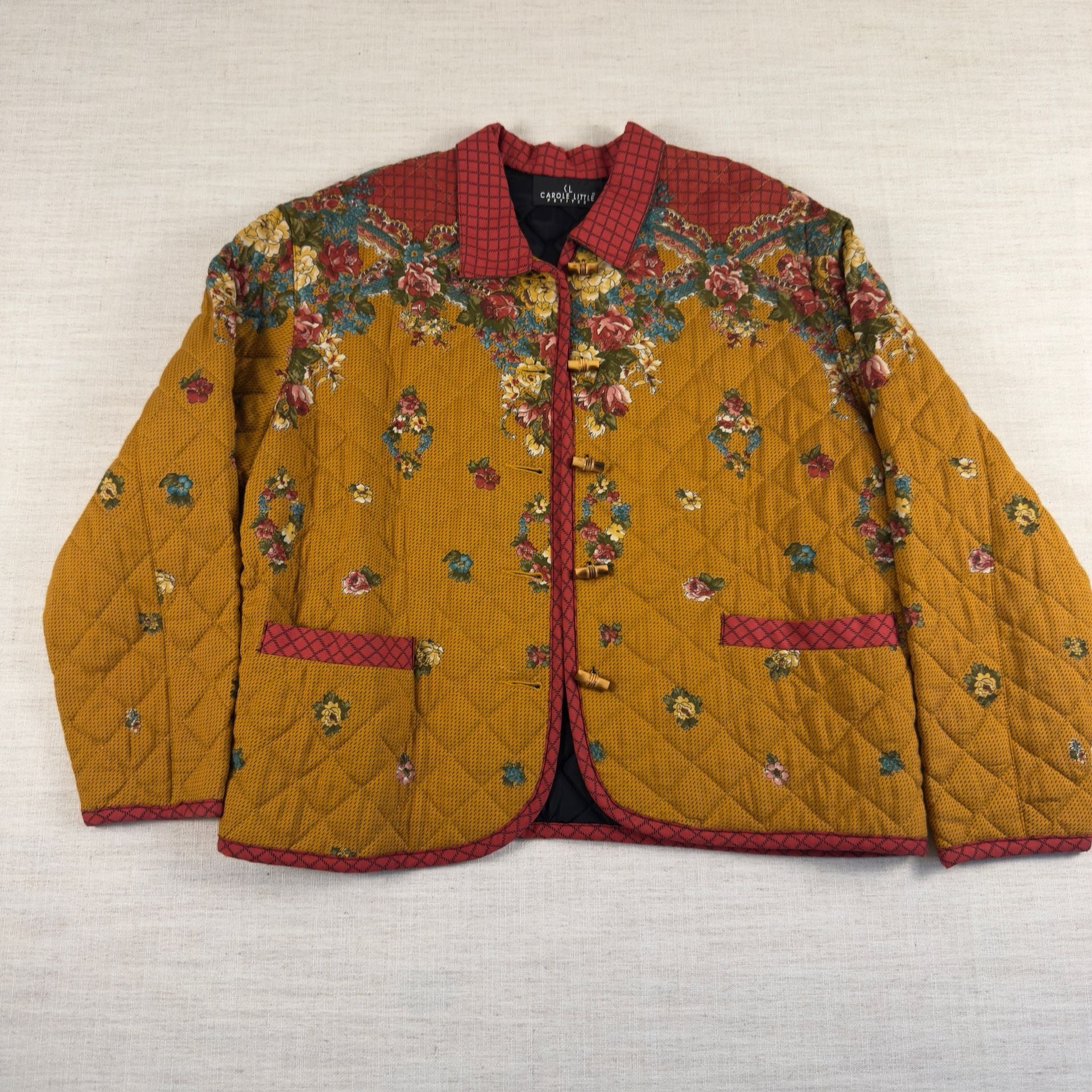 Carole Little Petites Vintage Quilted Floral Toggle Jacket Mustard Yellow 2