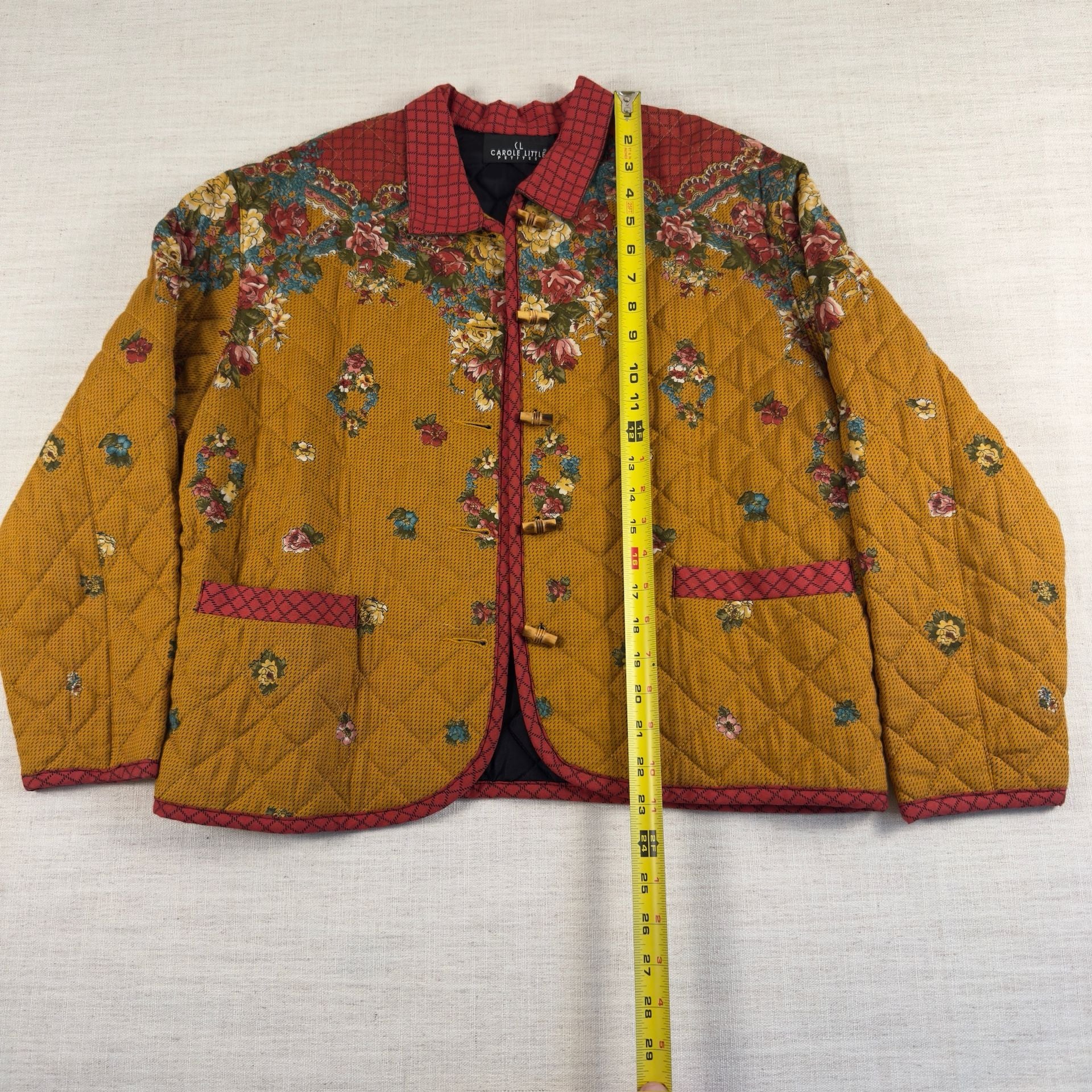 Carole Little Petites Vintage Quilted Floral Toggle Jacket Mustard Yellow 5