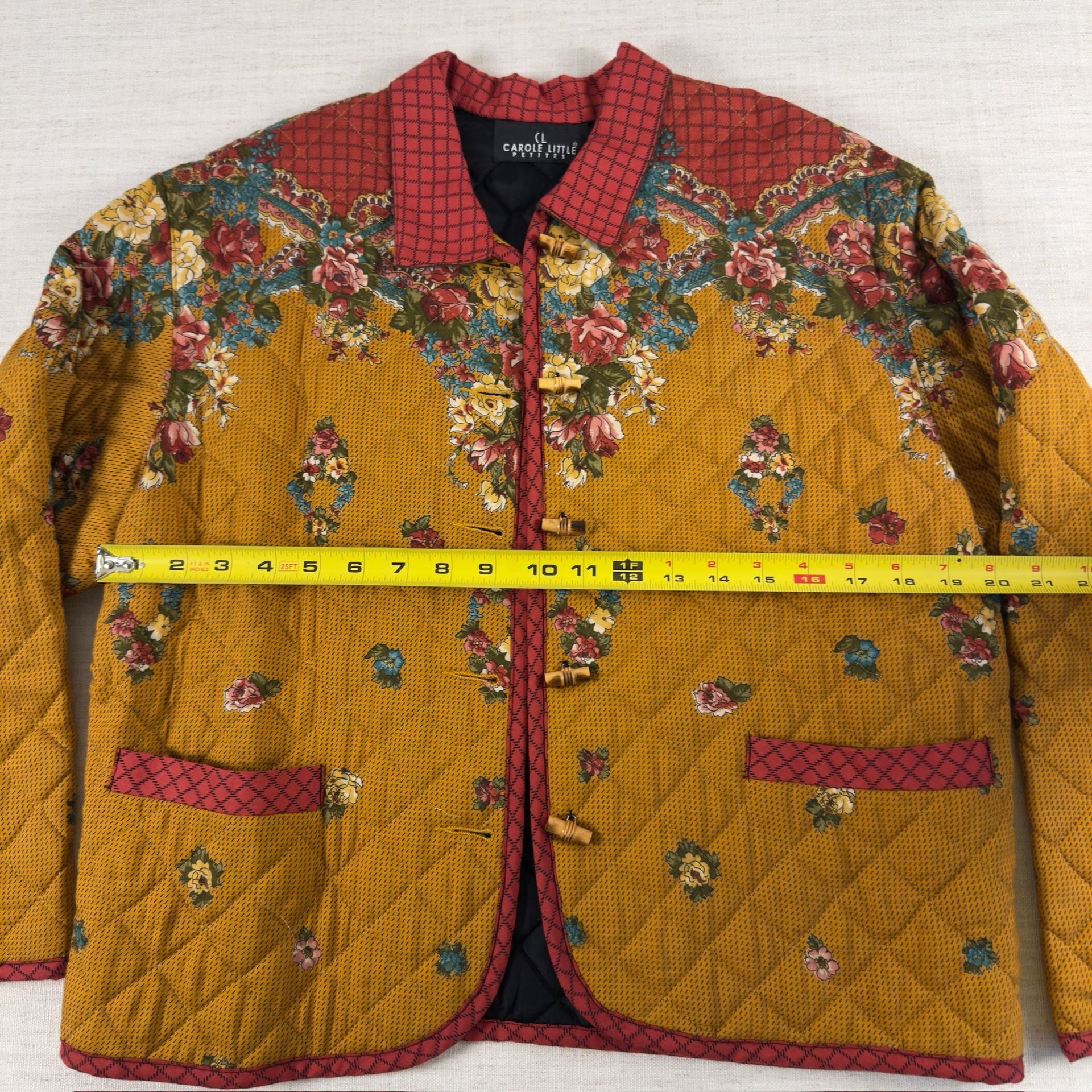 Carole Little Petites Vintage Quilted Floral Toggle Jacket Mustard Yellow 7