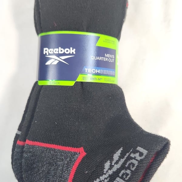 Reebok Men's Quarter Cut Tech Series Socks 6 Pack Black Size 6-12.5