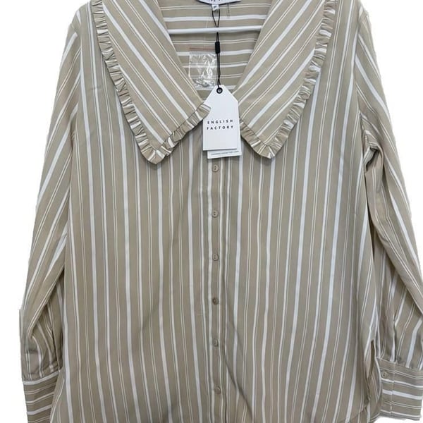 English Factory Ruffled-Collar Striped Shirt Beige Size XS