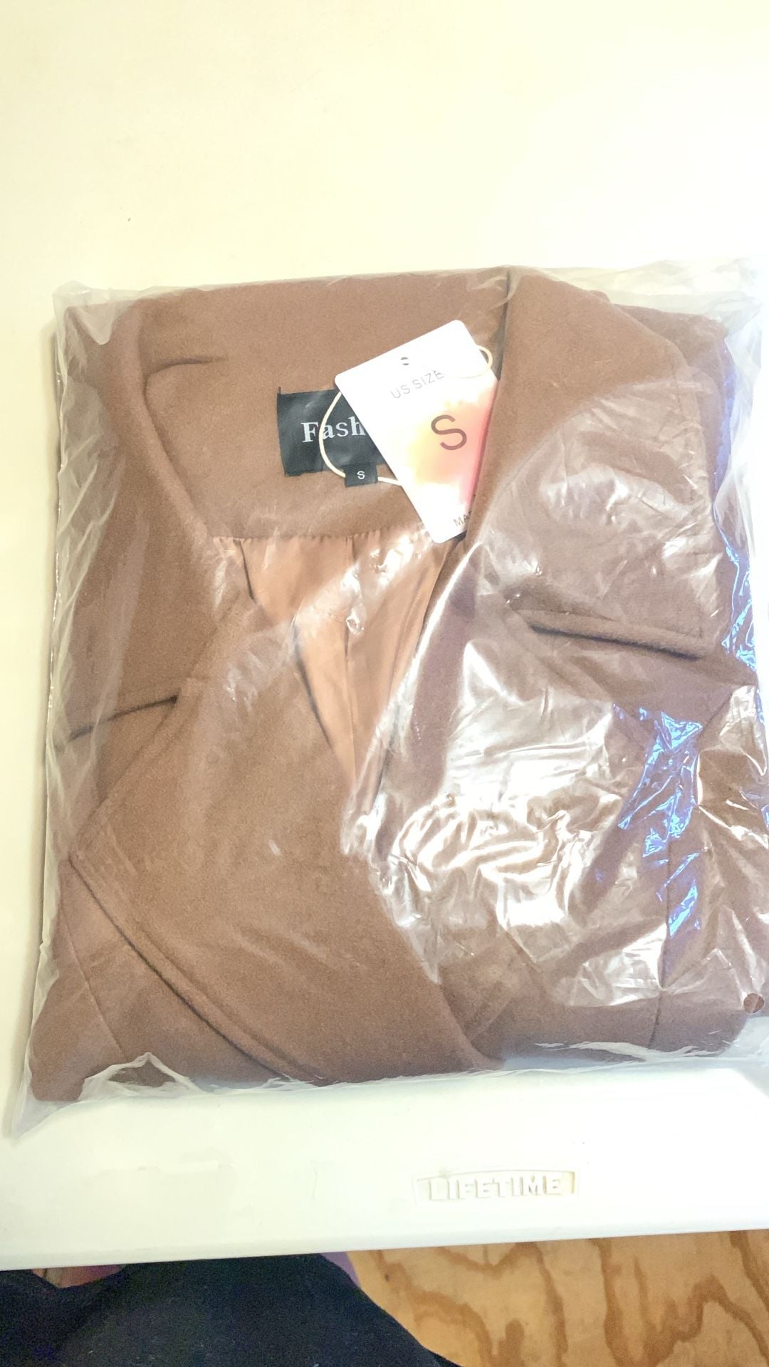 Fashion Brown Wool Blend Notched Lapel Overcoat, Size S 1
