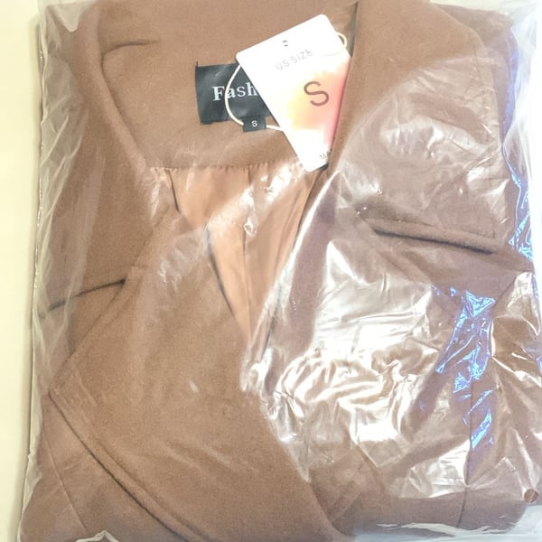 Fashion Brown Wool Blend Notched Lapel Overcoat, Size S