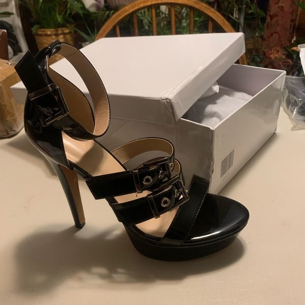 Black Patent Leather Triple Buckle Platform Stiletto Sandals