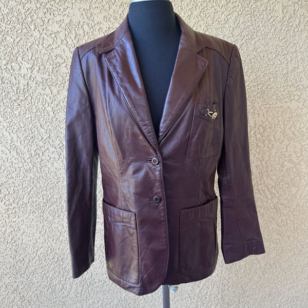 Etienne Aigner Vintage Burgundy Leather Blazer Jacket with Gold Logo Hardware