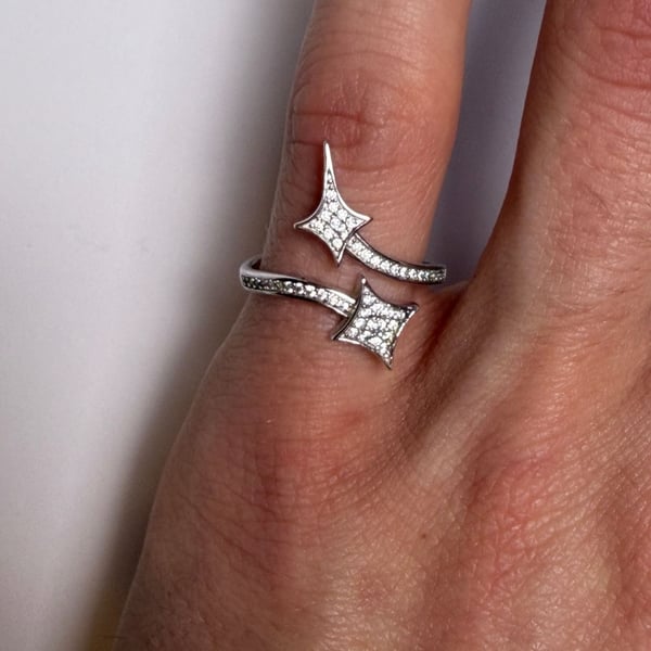 GLD Double Star Ring White Gold Plated Size 9