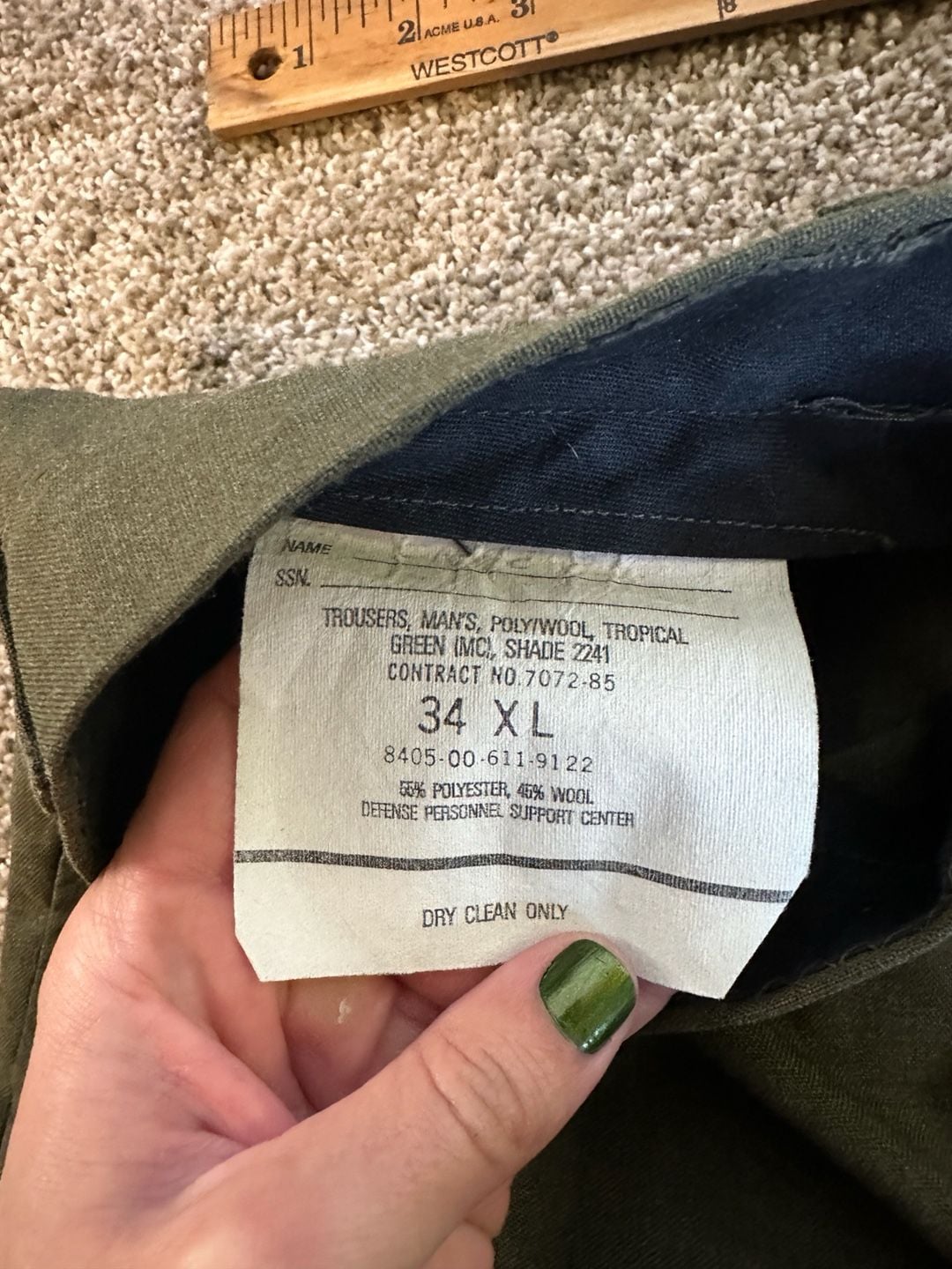 USMC Men's Poly/Wool Tropical Green Dress Trousers Green 34x36 8
