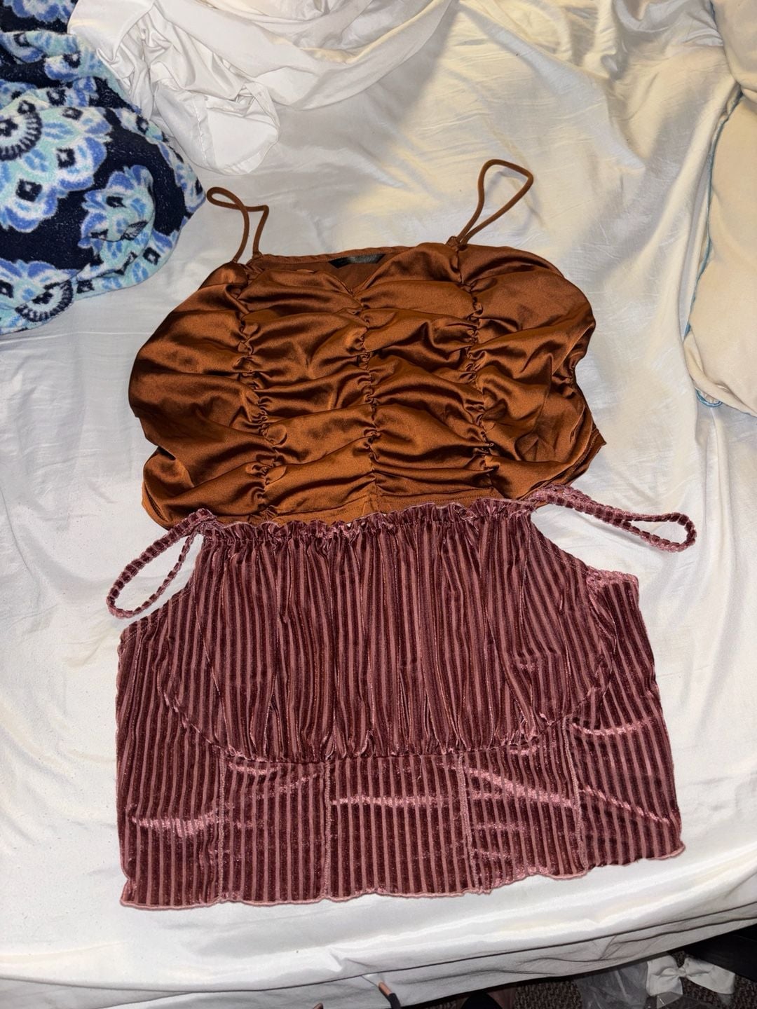 SHEIN Copper Ruched Satin Cami and Mauve Ribbed Velvet Corset Top Set 1