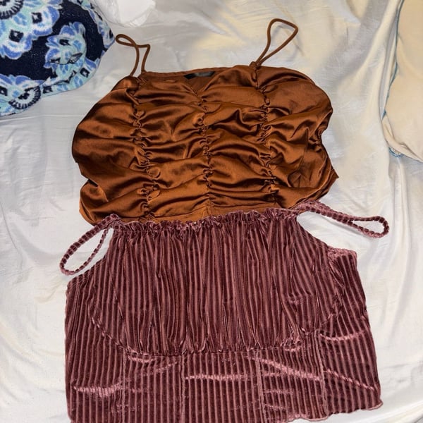 SHEIN Copper Ruched Satin Cami and Mauve Ribbed Velvet Corset Top Set