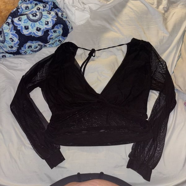 Willow Young Contemporary Black Mesh Long Sleeve V-Neck Tie Back Top Size L