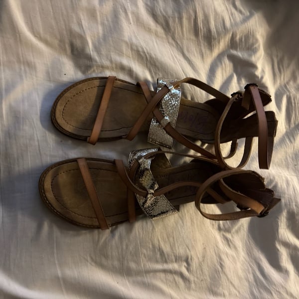 Blowfish Malibu Dream Tan and Silver Snakeskin Gladiator Sandals