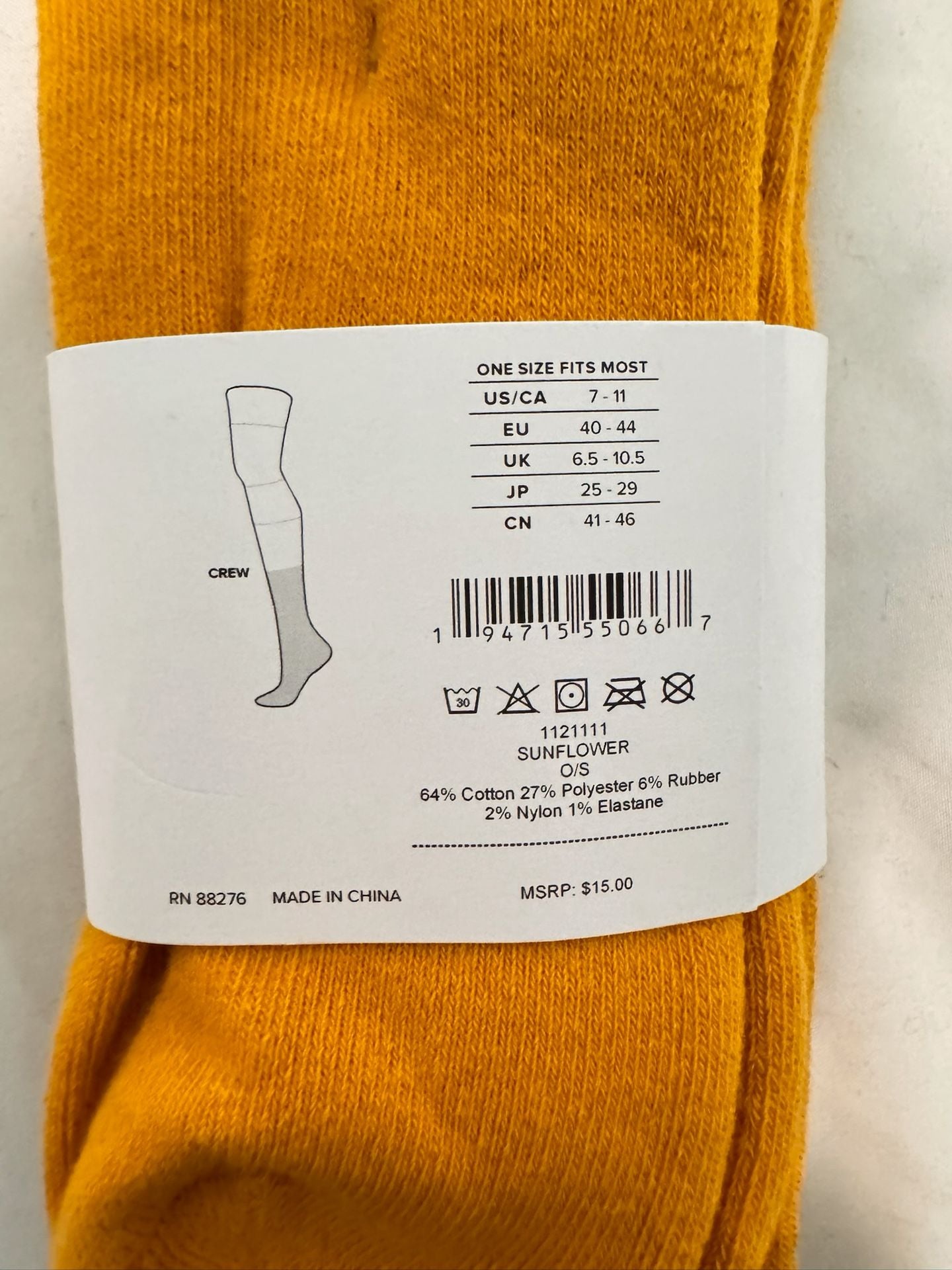 Teva Unisex Crew Socks Sunflower Yellow One Size 2