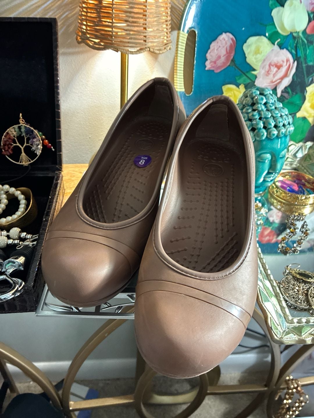 Crocs Cap Toe Wedge Bronze Tan Shoes Size 8 2