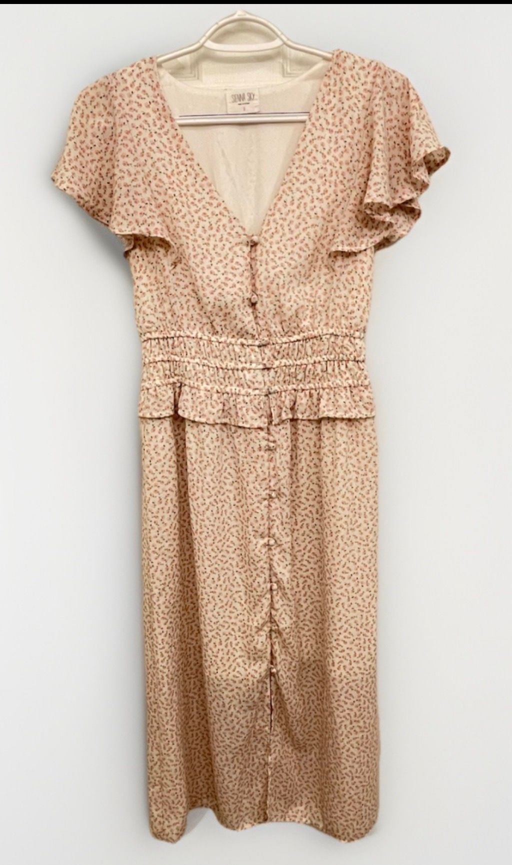 Floral Flutter Sleeve Smocked Waist Midi Dress Size S Feminine Spring Wedding Cottage Core Vibes 2